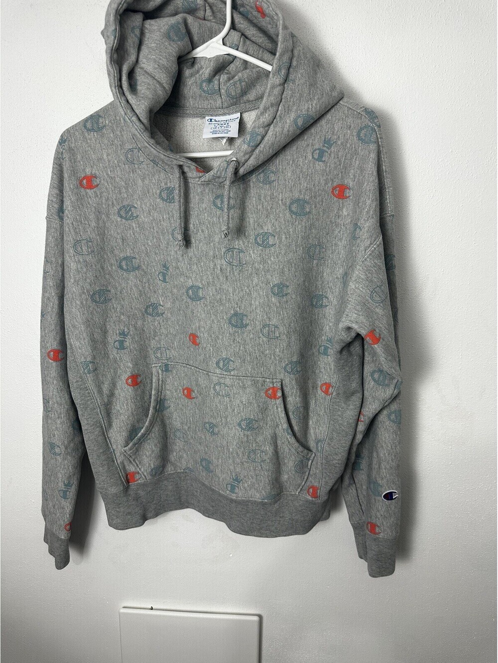 Champion Hoodie Sweatshirt L Gray Reverse Weave All Over Print Logo Y2K Vintage
